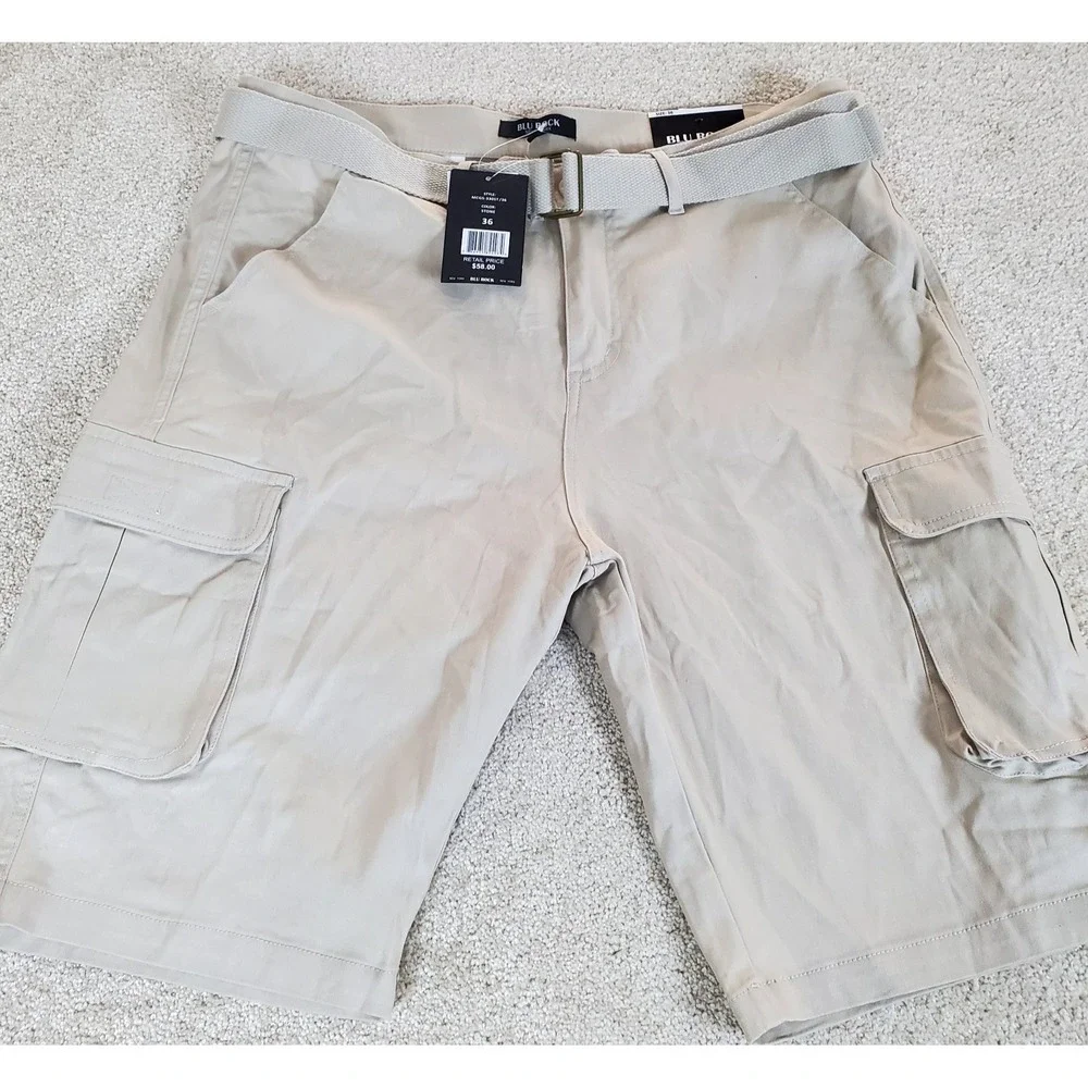 Blu Rock Men's Cargo Shorts Tan Size 36 Belted NWTGS 4 Way‎ Stretch Tiny Spot